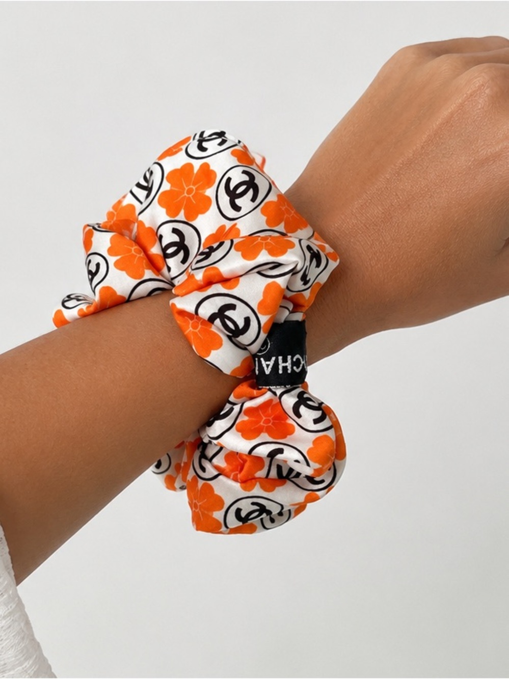 Upcycled Chanel fabric Logo Scrunchie